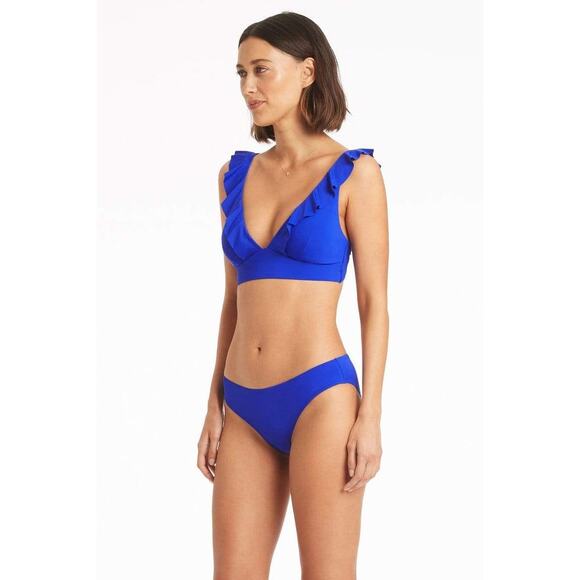 Sea Level Essentials Cobalt Blue Ruffled Hipster Two Piece Bikini Swimsuit Set 8 - Picture 3 of 13
